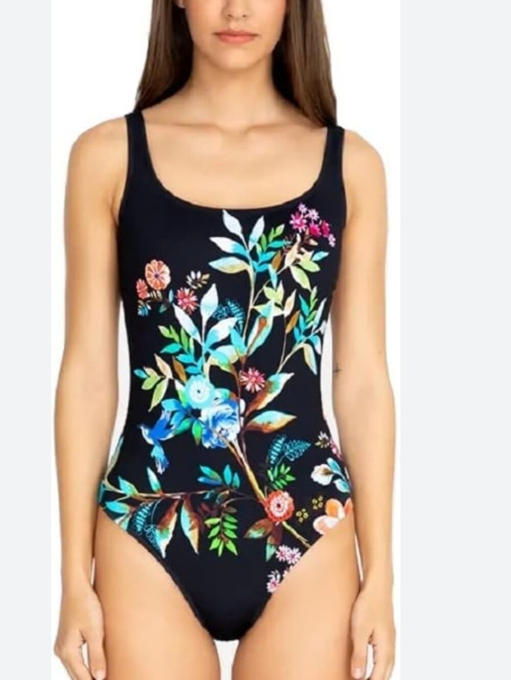 Johnny Was Black Floral One-Piece Tank Suit Swimmer  with Multicolor Bloom XL